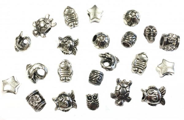Large hole beads – silver coloured – 100 pieces mixed