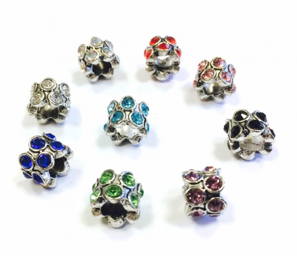 Large hole beads – silver colored – with crystal in different. Colors – 5 pieces mixed