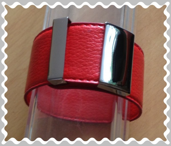 Stainless steel bracelet, genuine leather, snap bracelet with stainless steel parts- red
