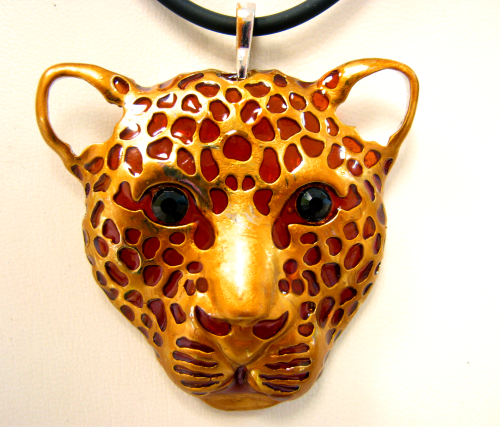 Leopard Head -Big bronze Leo pendant with crystal stones, 6 cm tall