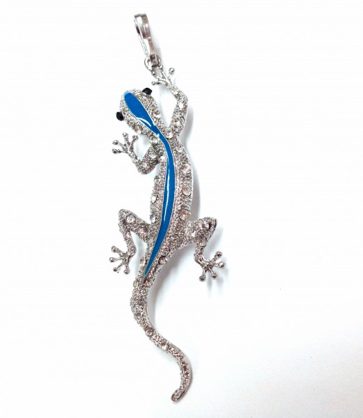 Gecko -Big blue Gecko pendant with 35 crystal stones, just under 10 cm tall