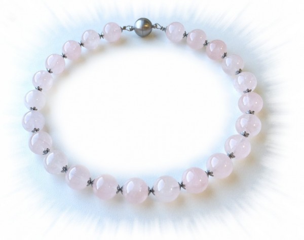 Rose quartz collier (16 mm beads) with stainless steel flowers -46 cm- shorter on request