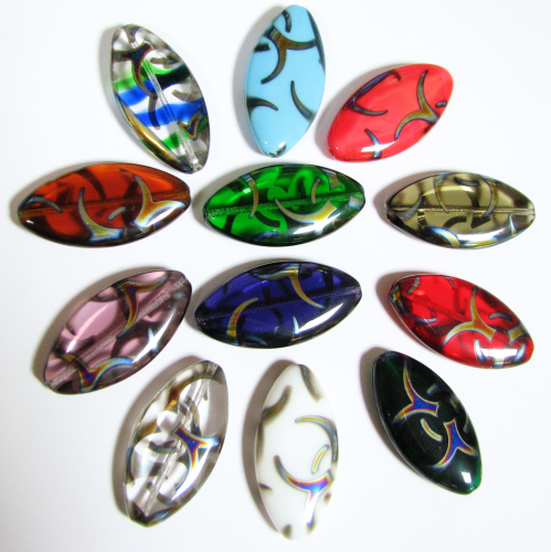 Bohemian Glass -Elypse 36x18x6mm, Vitrail steamed-12 pcs. in 6 different colors