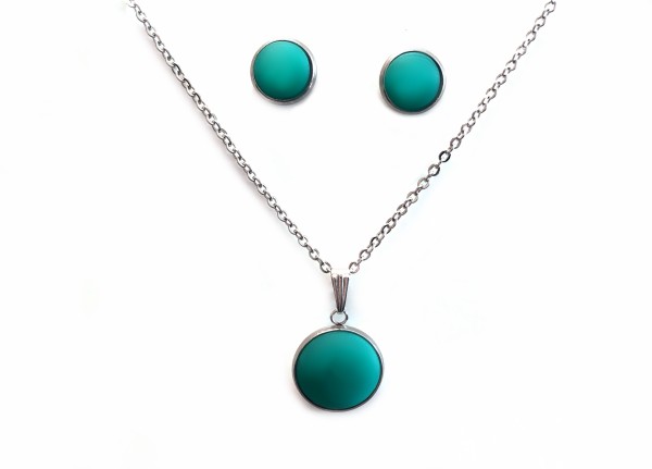 Stainless steel jewelry set - necklace 45cm + earrings - Polaris smaragd matte