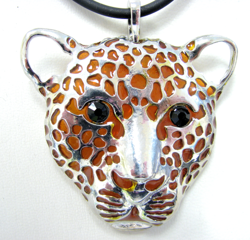 Leopard Head Big silver Leo pendant with crystal stones, 6 cm tall